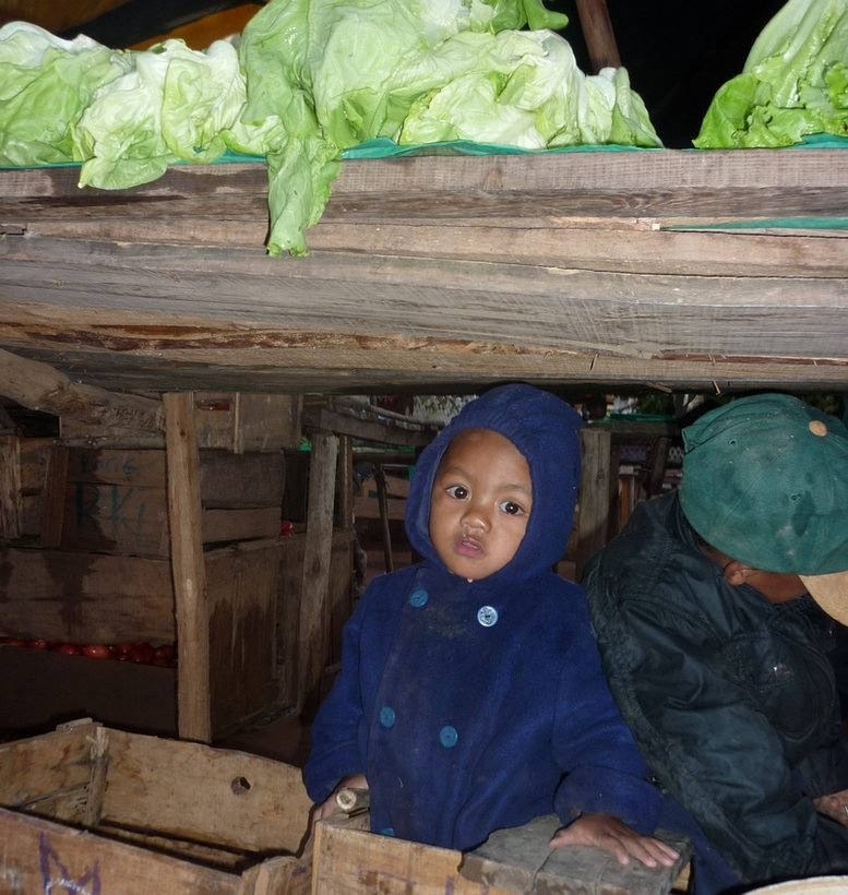 Un enfant assis sous un étal de légumes
